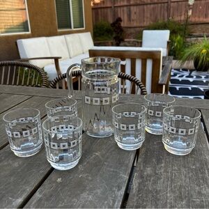 Vintage MCM Barware Italy Glass Pitcher and Tumblers Set Gold Geometric Pattern